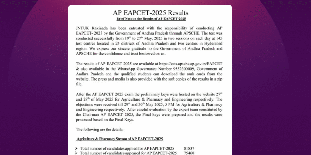 AP EAMCET Results 2025 Declared Check Rank Card, Cutoff & Counseling Details